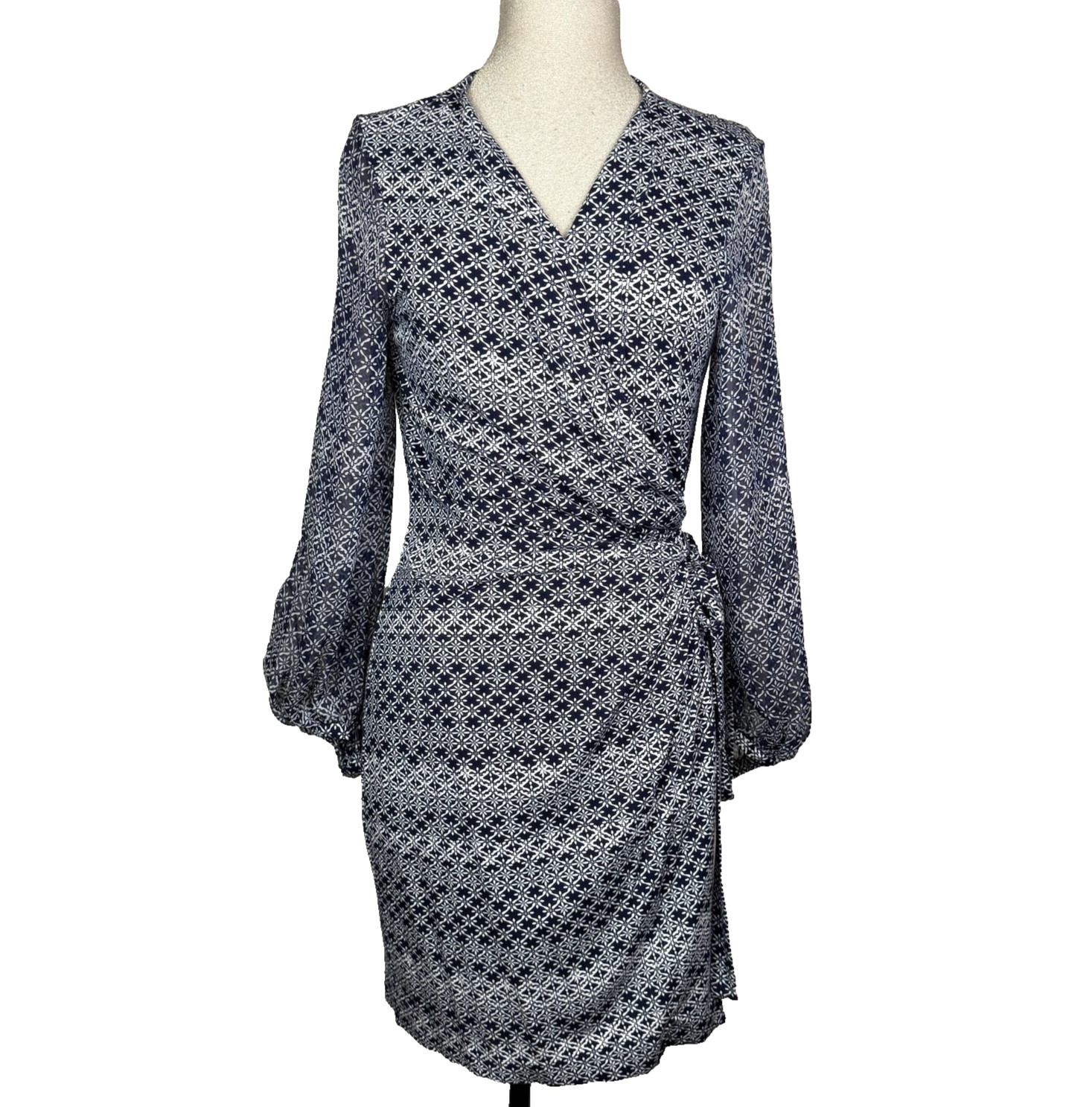 Diane Von Furstenberg Sigourney Dress Womens 14 Blue Geometric Wrap Mini Jersey