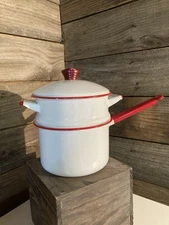 Vintage Enamelware Double Boiler w/lid • Red & White