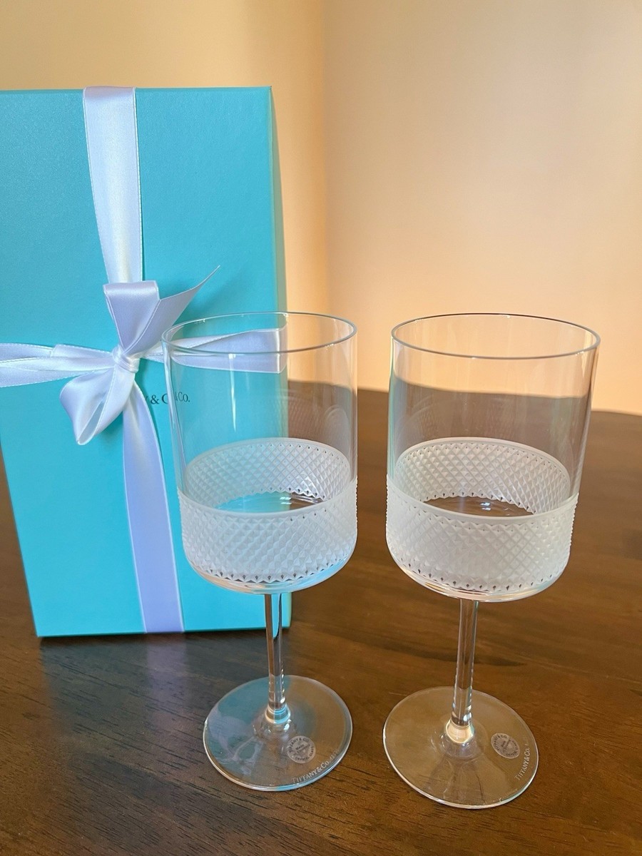 Tiffany & Co Diamond Point Crystal White Wine Glasses Set of 2 New