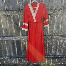 VTG 60s JCPenney Red  White Peignor Set Lace Trim Robe  Nightgown Long Size M