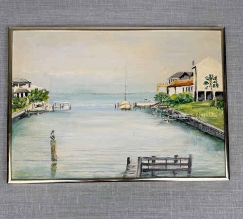 VTG Oil? Painting Coastal Harbor Waterfront Homes Sailboats Pelican Scene Framed - Picture 2 of 16