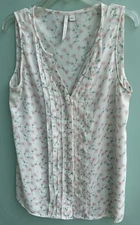 Lauren Conrad Womens Sheer Ruffled Button Front Sleeveless Flowered Blouse L EUC
