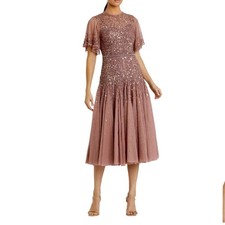 Mac Duggal Pink Cape Sleeve Beaded Tea Length Drop Waist Dress Women’s Sz 12