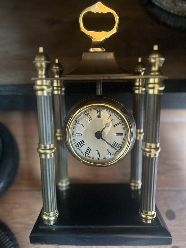 Bombay Co. metal & brass with marble base mantel clock 11"