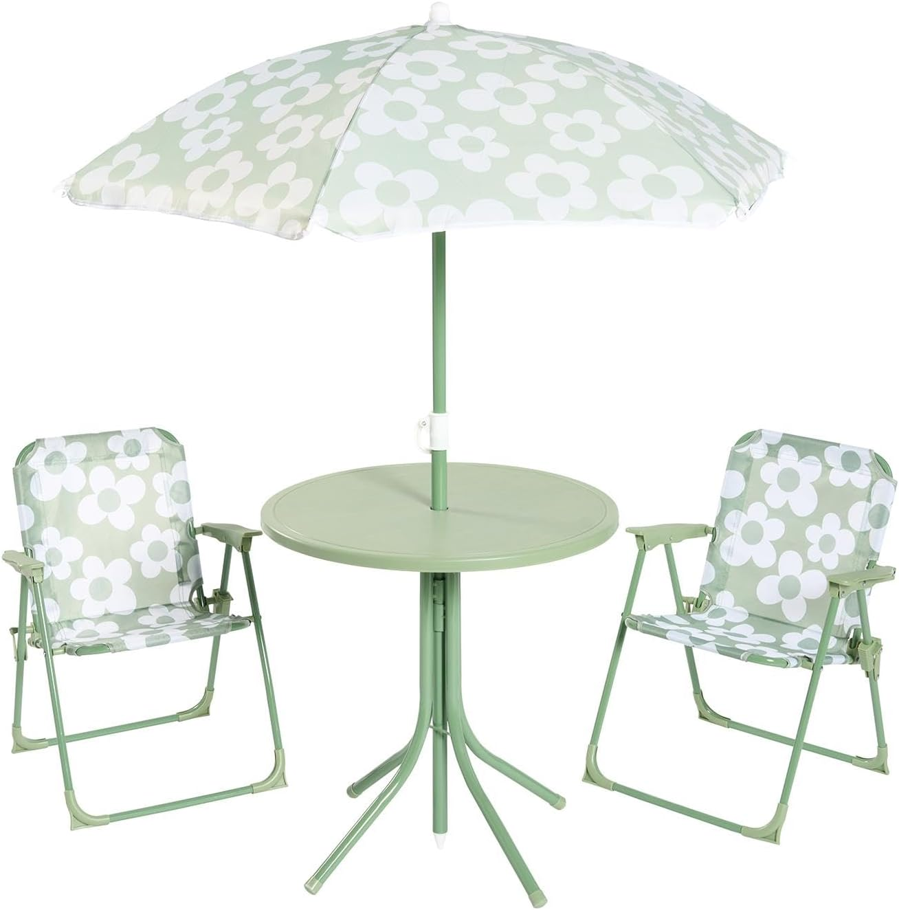 Kids Garden Table Chairs Parasol Daisy Print Folding Bistro Patio Set Sage White