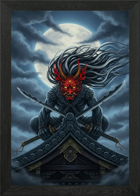 Oni Dämon auf Dach mit Schwertern gerahmtes Wandbild Poster Leinwanddruck Bild
