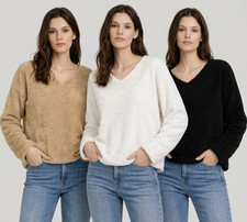 Womens V-Neck Fleece Sweatshirt Ladies Winter Jumper Pullover Tops Plus Size UK