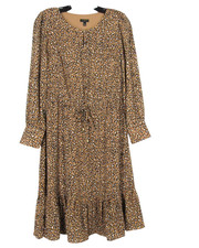 TALBOTS PETITE Lined CREPE Brown LEOPARD PRINT Ruffle Hem FIT & FLARE DRESS 8P