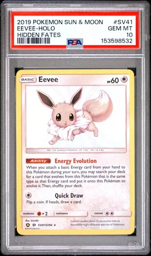 2019 POKEMON SUN & MOON HIDDEN FATES #SV41 EEVEE-HOLO PSA 10