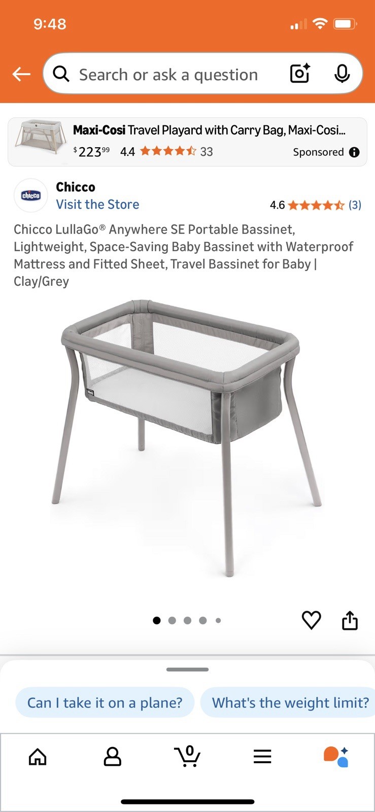 Chicco LullaGo Anywhere Portable Bassinet Lightweight Sandstone/Grey