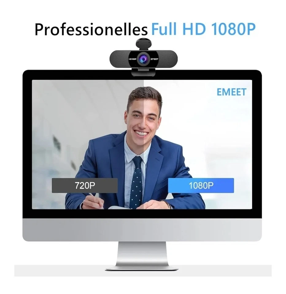 Webcam 1080P, Autofokus, Weitwinkel, Mikrofone, Full HD, Kompakt, USB - Bild 2 von 4