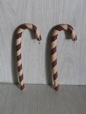 Set 2 Primitive Folk Wood Crackle Candy Cane Christmas Ornament Decor Hooks 9"
