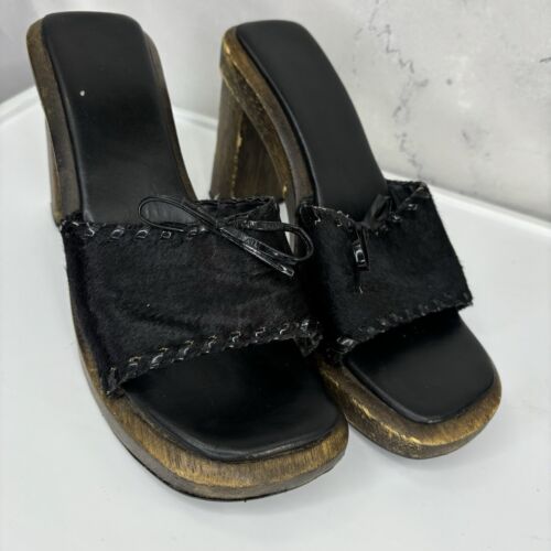 Vintage Y2K Chunky Wood Platform Block Heels Sz 9 Leather 90's Calf Hair Goth - Picture 8 of 24