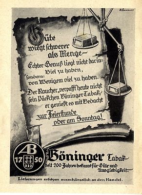 BOENINGER TABAK SEIT ZWEIHUNDERT JAHREN Historische Reklame von 1943