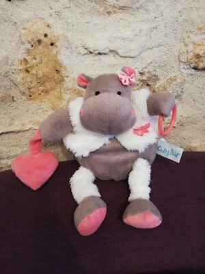 Doudou Peluche Hochet Babynat Hippopotame Zoé Gros Blanc Rose Coeur Anneau BN083 - Photo 1/3