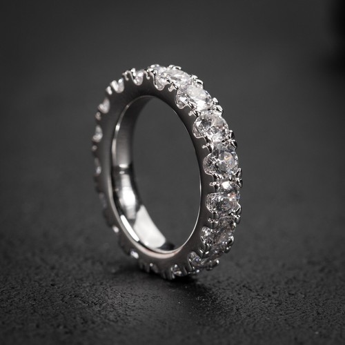 Hip Hop 14K White Gold Plated Iced Pointer Men's Eternity Band Statement Ring - Picture 5 of 5