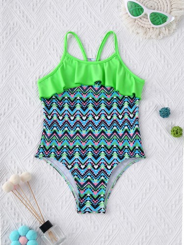 Girls Swimming Suit V Neck Halter Neck Sleeveless Fish Scales Print Tops+Briefs - Picture 22 of 28