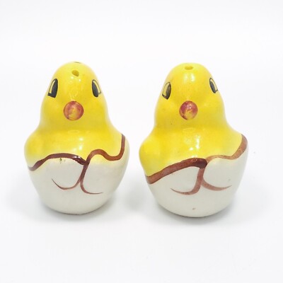Vintage Easter Chicks Eggs Salt Pepper Shakers 2.75in Figural Yellow Stoneware