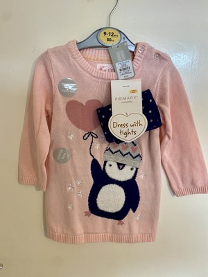 Primark Baumwollmix Kleid und Strumpfhosen Set Mädchen Baby 9-12 Monate neu mit Etikett