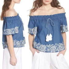 NWOT MISA Los Angeles Size S Nisi Embroidered Off The Shoulder Top Blue/White 