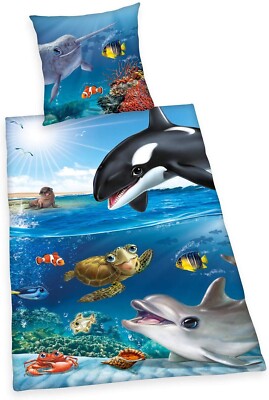 Meerestiere Bettwäsche glatt Ocean Orca Delfin Nemo Seehund Krabbe 135 x 200 cm