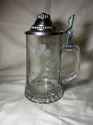 Vintage Domex Glass Beer Stein Mug etched clover lucky lion pewter hinged lid