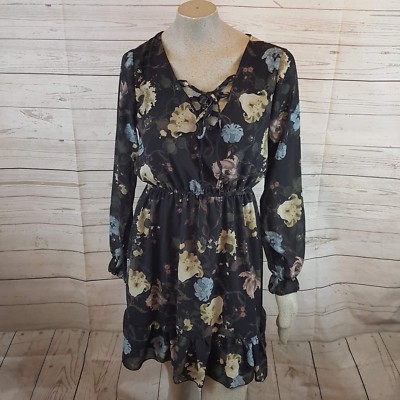 NEW Erika Lang Medium Black Floral-Print Dress Gathered Waist And Cuffs