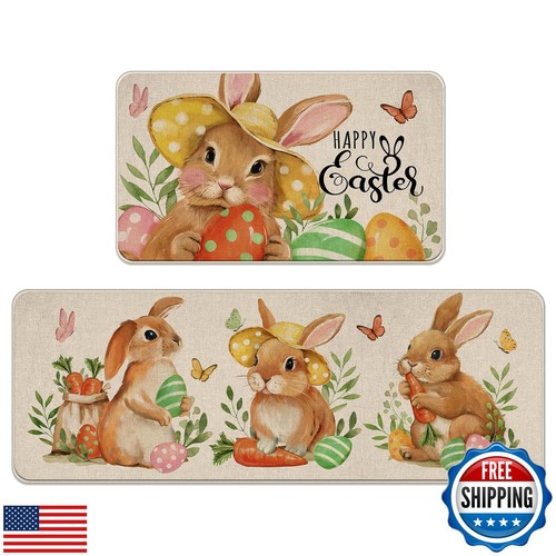 Tailus Happy Easter Bunny Kitchen Rugs Set of 2, Rabbit Easter Eggs Carrots K