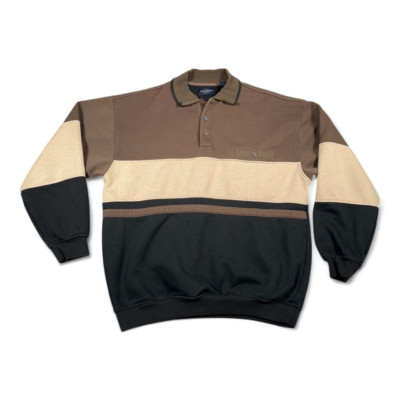 Vintage Safe Harbor Sweater Adult MEDIUM Brown Black Colorblock Fleece Polo 90s