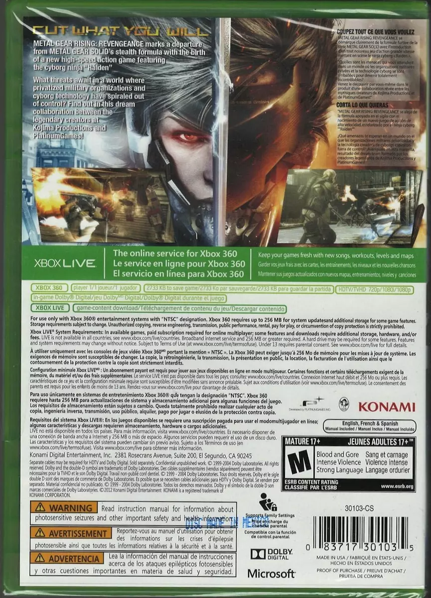 Metal Gear Rising: Revengeance Xbox 360 BC XB1 (Brand New Factory Sealed US  Vers 83717301035