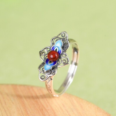 N05 ring filigree flower with blue leaves agate silver 925 size adjustable