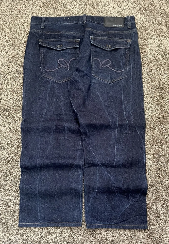 Rocawear Vintage Baggy Dark Blue Denim Jeans Size 40 Y2K Skater Embroidered - Image 4 of 4