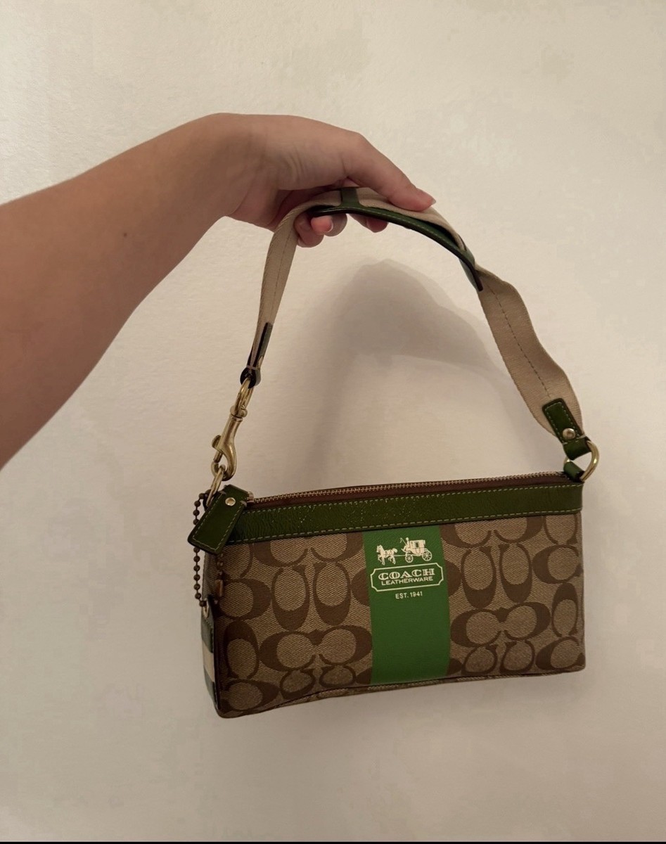 Coach Brown Green Logo Shoulder Bag with Gold Hardware and Brand