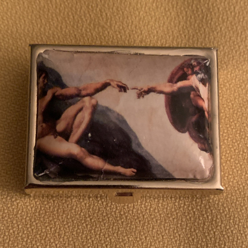 Christian Art Pill Box with Creation of Adam Artwork, Mirror, Two Compartments