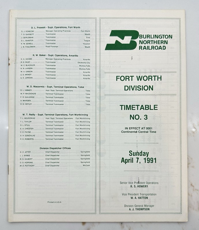 BN Fort Worth division ETT No 3 4/7/1991 Burlington Northern employee timetable