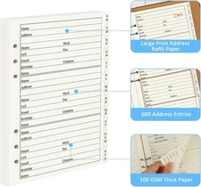Address Book Refill Pages with Alphabetical Tabs, Large Print 600 Contacts Re...