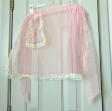Vintage 50s Half Apron Sheer Pink Nylon Flowers Dainty Feminine HANDMADE B