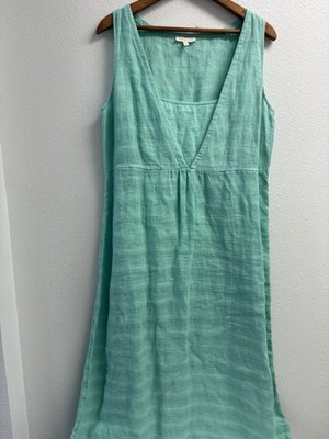 EILEEN FISHER DRESS 100% Linen M GREEN Attached Full Slip V NECKLINE JUMPER