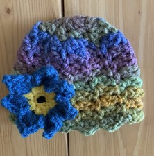 Beanie 0-3 Months Hat Baby Girl Handmade Crochet Multicolor with Crochet Flower