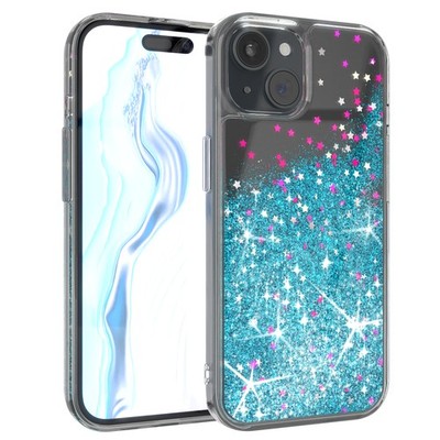 Für iPhone 15 Handyhülle Flüssig Glitter Hülle Schutz Handy Case Cover Glam Blau