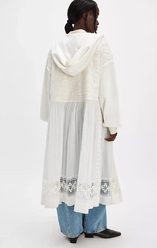 OFF WHITE Felpa Free People Float On Cardi con cappuccio e pizzo all'uncinetto bottoni avorio M nuova con etichette