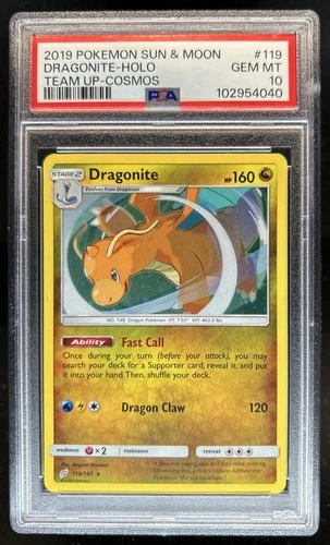 2019 Pokemon SM Team Up Dragonite Cosmos Holo #119/181 PSA 10