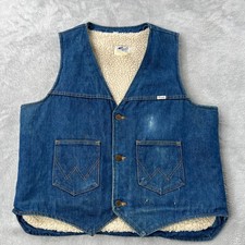 Wrangler Vest L Vintage Sherpa Lined Denim Made USA Western Workwear Blue Mens