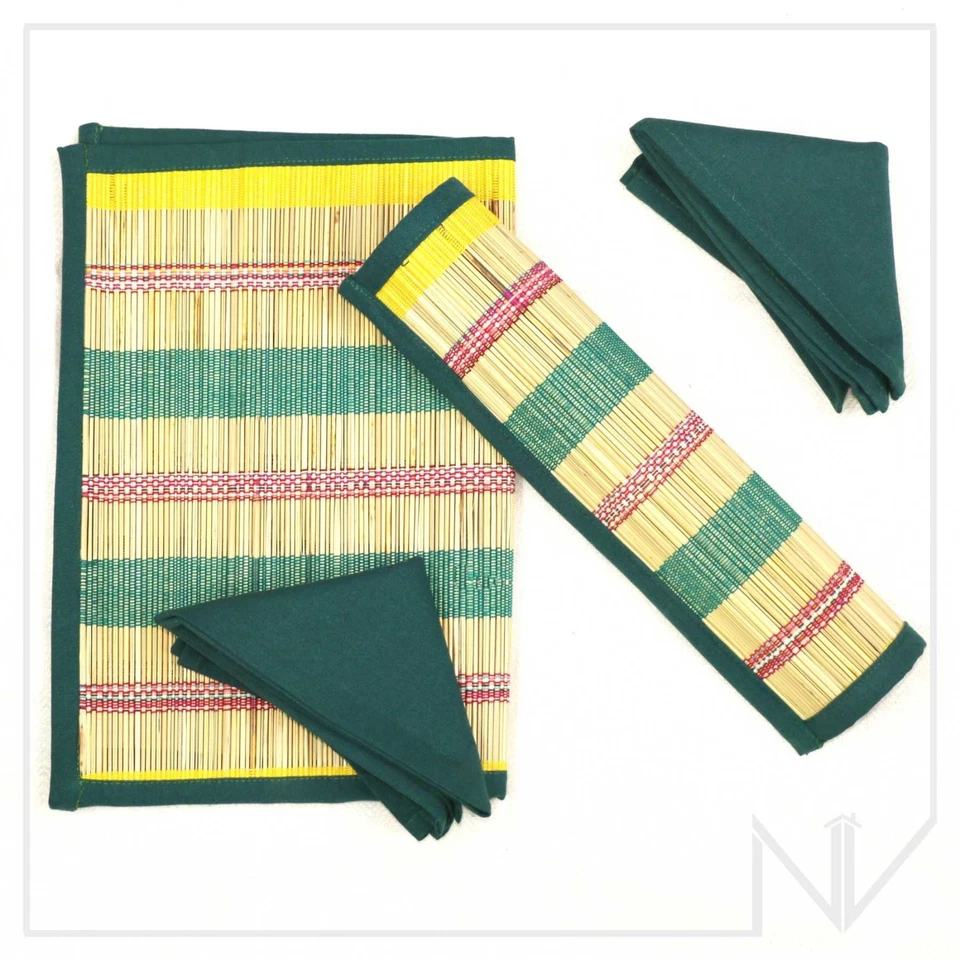Green Yellow Stripes Bamboo Farmhouse Outdoor Holiday Dining Table Mats Set of 6 - Image 3 of 4