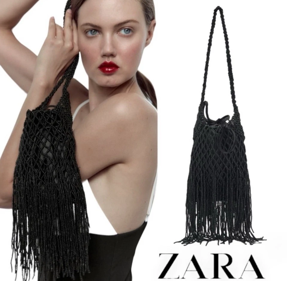 ZARA 串珠黑色流苏单肩包钱包手拿包 6388/010 — 第 3/4 张图片