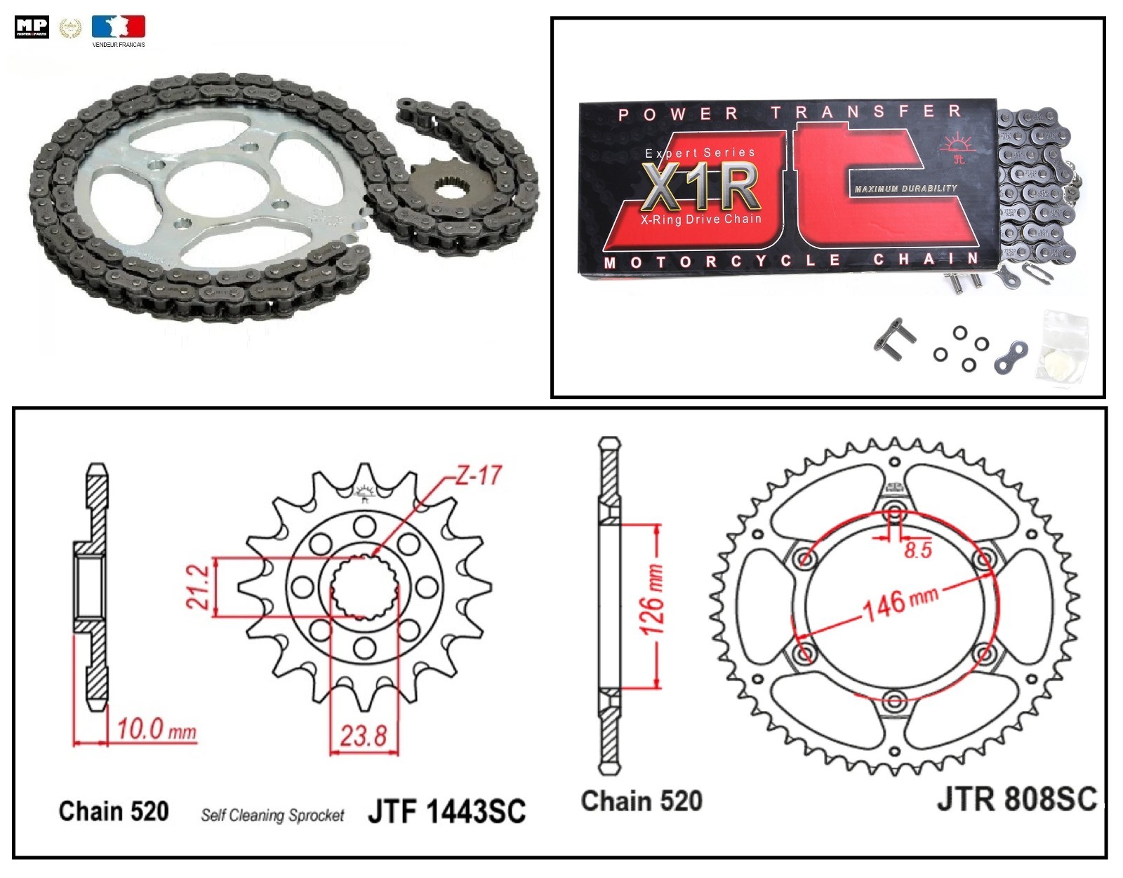 Kit chaîne 520 X-Ring anti-friction pour Suzuki RM-Z 450 transmission renforcée 13x50