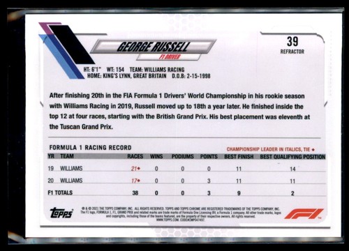 George Russell 2021 Topps Chrome F1 Refractor #39 - Bild 2 von 2