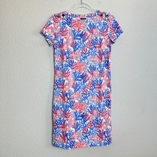 Talbots Petite Coral Reef Print Shift Dress Blue Pink Gold Button Accents SP