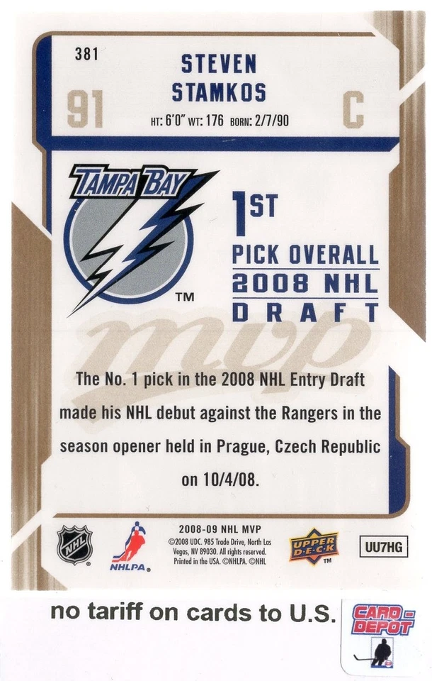 2008-09 Upper Deck MVP Gold Script RC #381 Steven Stamkos 083/100 - Image 2 of 2