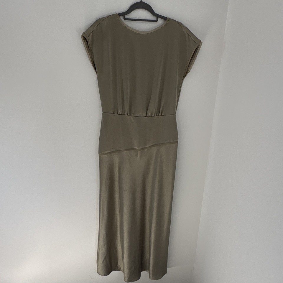 Bec + Bridge Khaki Satin Slip Midi Dress Sleeveless Zip Closure Size 10
